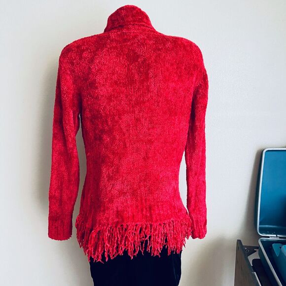 Vintage 90s Nick & Sarah L Red Turtleneck Super Soft Sweater Stringy Fringe Hem - Picture 5 of 10